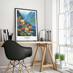 Odda Poster Norway displayed in a stylish home office, showcasing vibrant colors and stunning scenery of Odda.