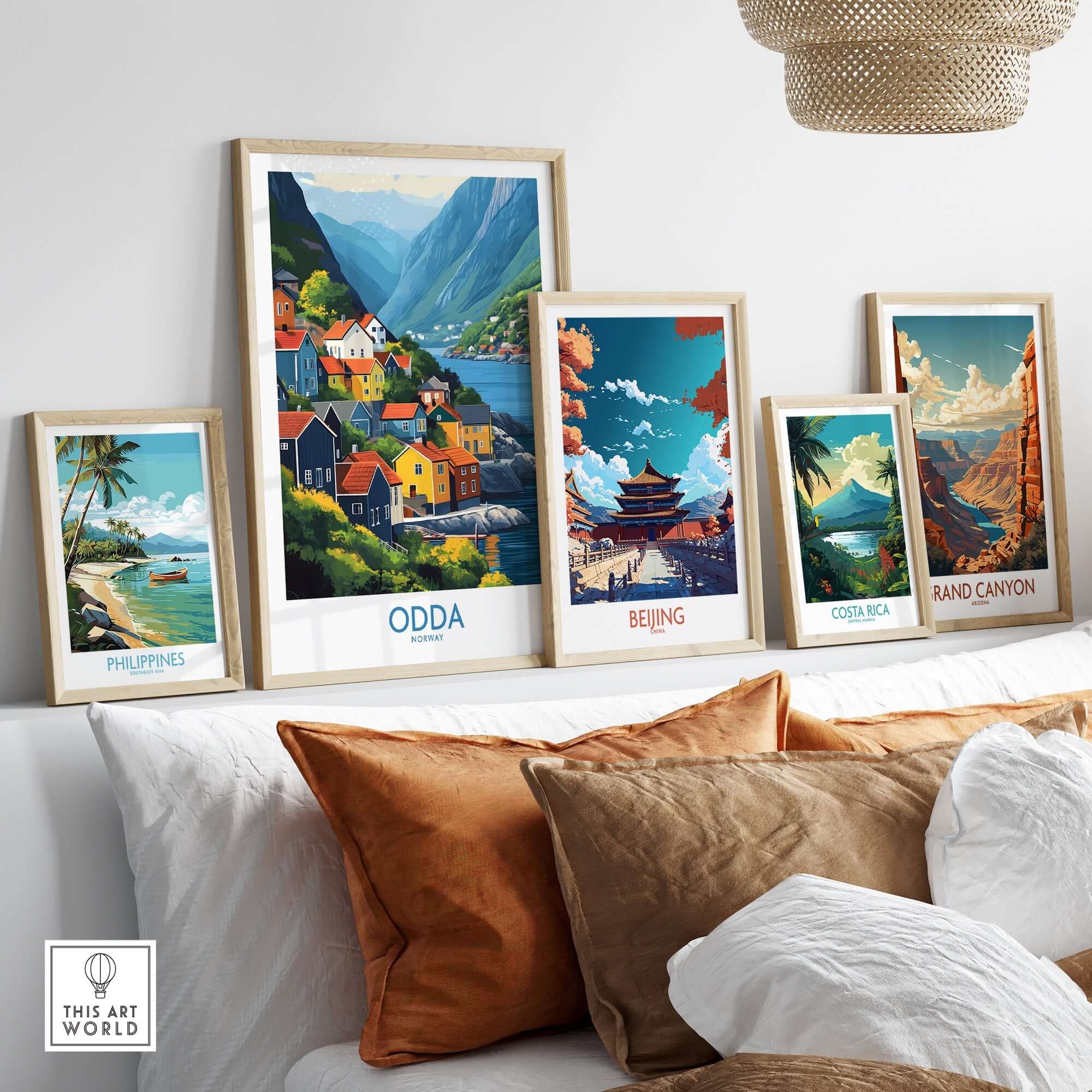 Odda Poster Norway displayed among various art prints showcasing beautiful landscapes and destinations.