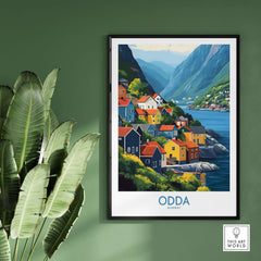 Odda Poster Norway featuring colorful houses by the serene waters of Odda, Norway, with lush mountains in the background.