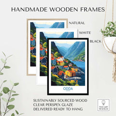 Odda Poster Norway displayed in handmade wooden frames; natural, white, and black options available.