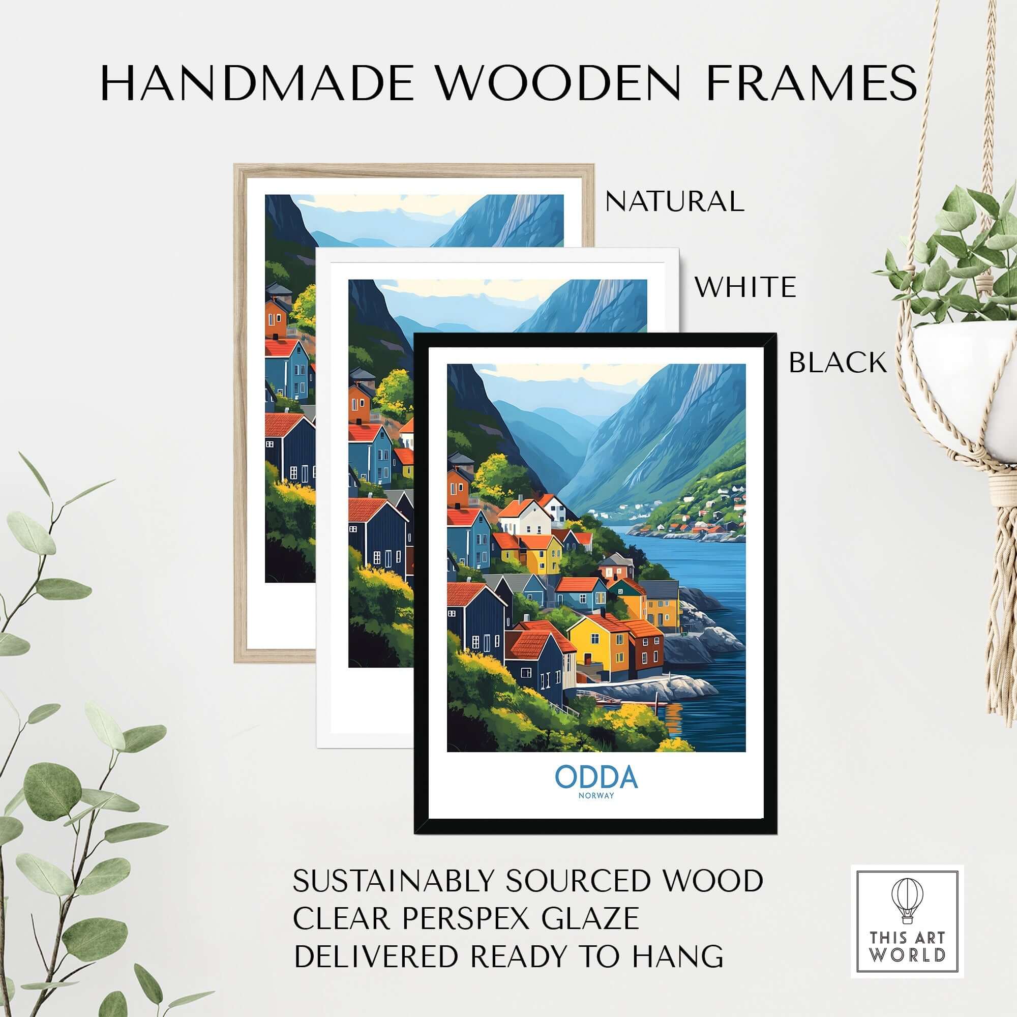 Odda Poster Norway displayed in handmade wooden frames; natural, white, and black options available.