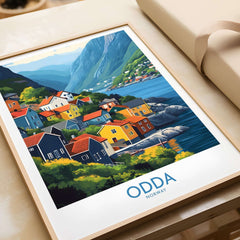 Odda Poster Norway showcasing vibrant houses by the serene waters of Odda, Norway, framed for wall art display.