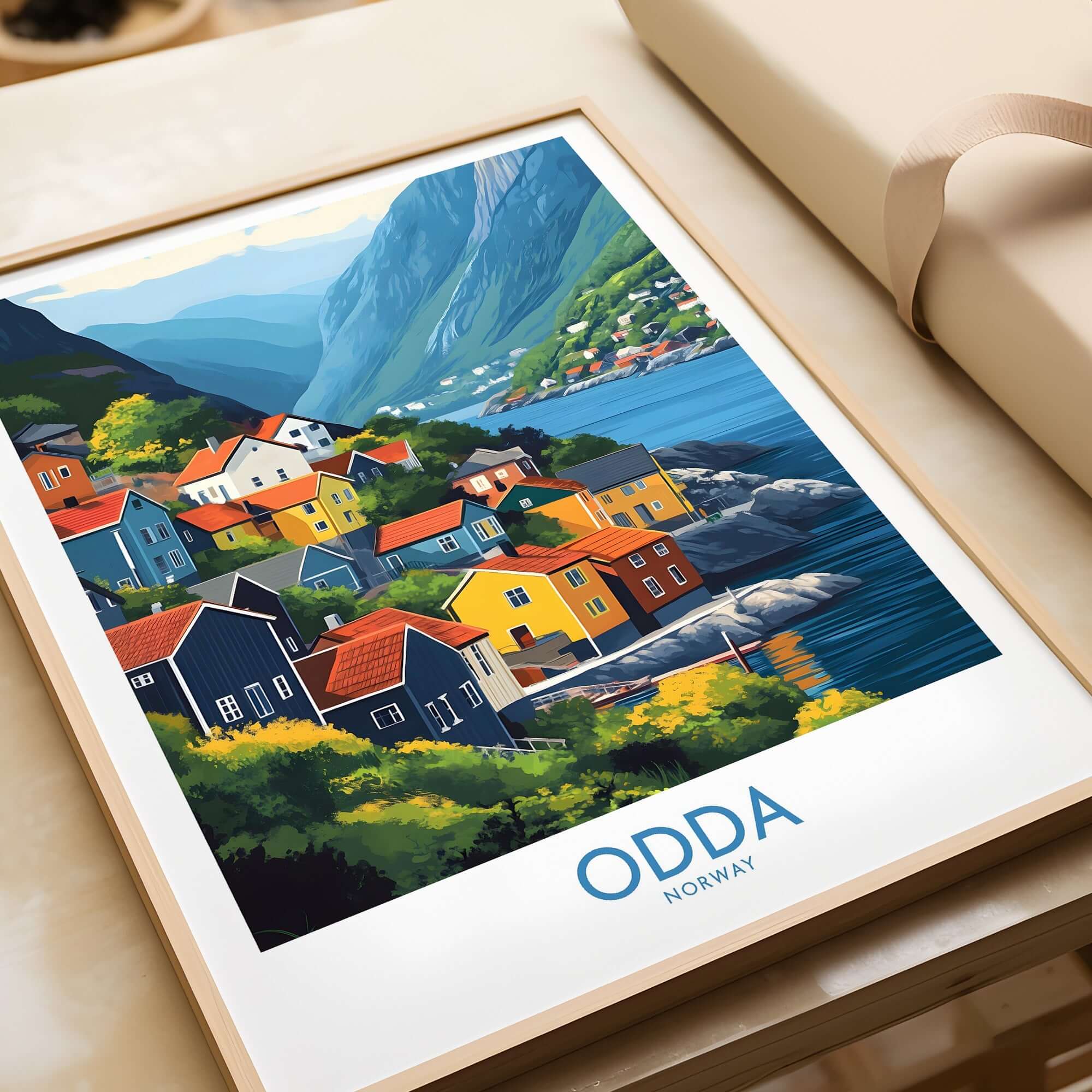 Odda Poster Norway showcasing vibrant houses by the serene waters of Odda, Norway, framed for wall art display.