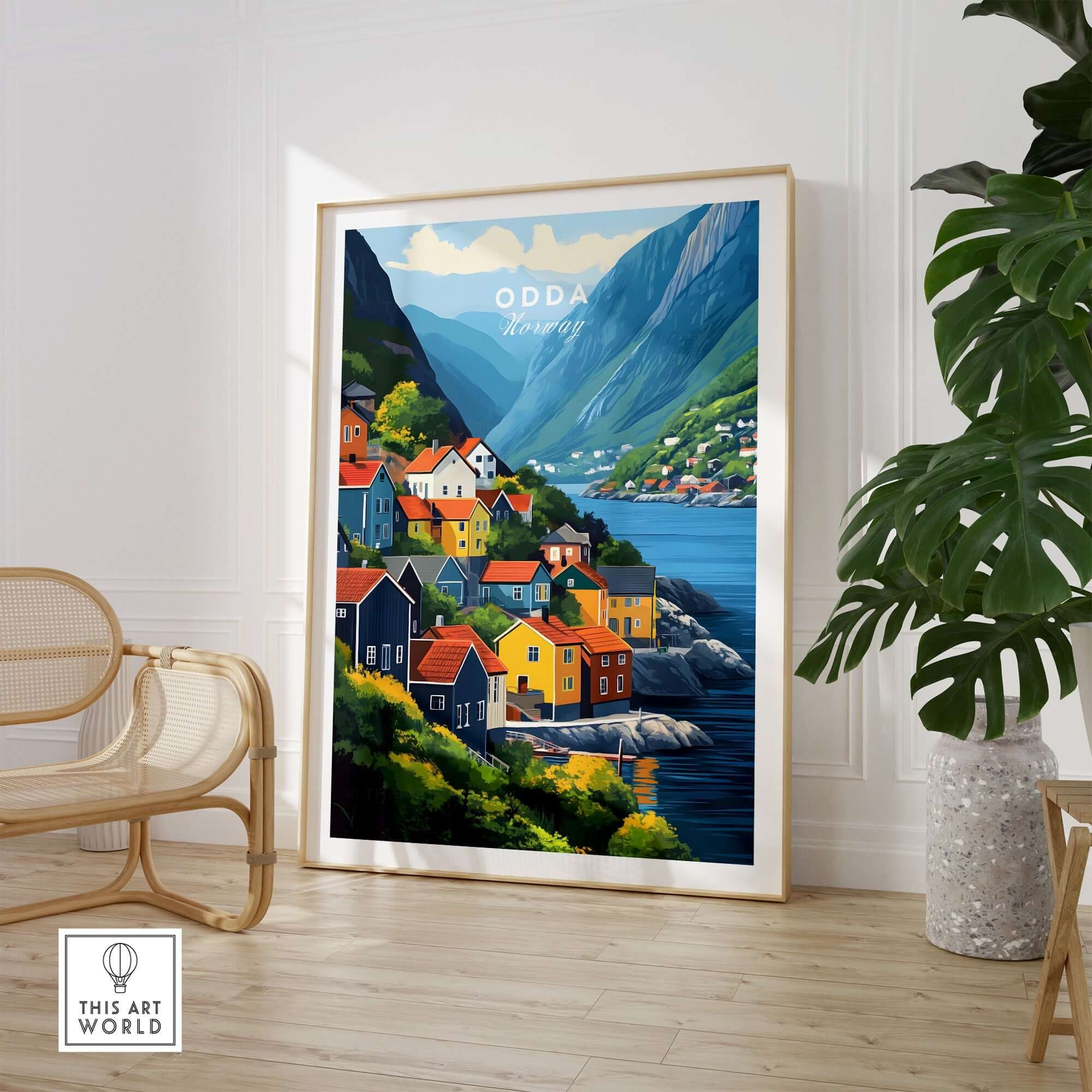 Odda Print Norway showcasing colorful houses and breathtaking views of Norway in a stylish home decor setting.