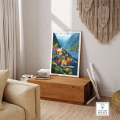 Odda Print Norway showcasing vibrant houses and stunning landscapes of Norway, perfect for home decor.