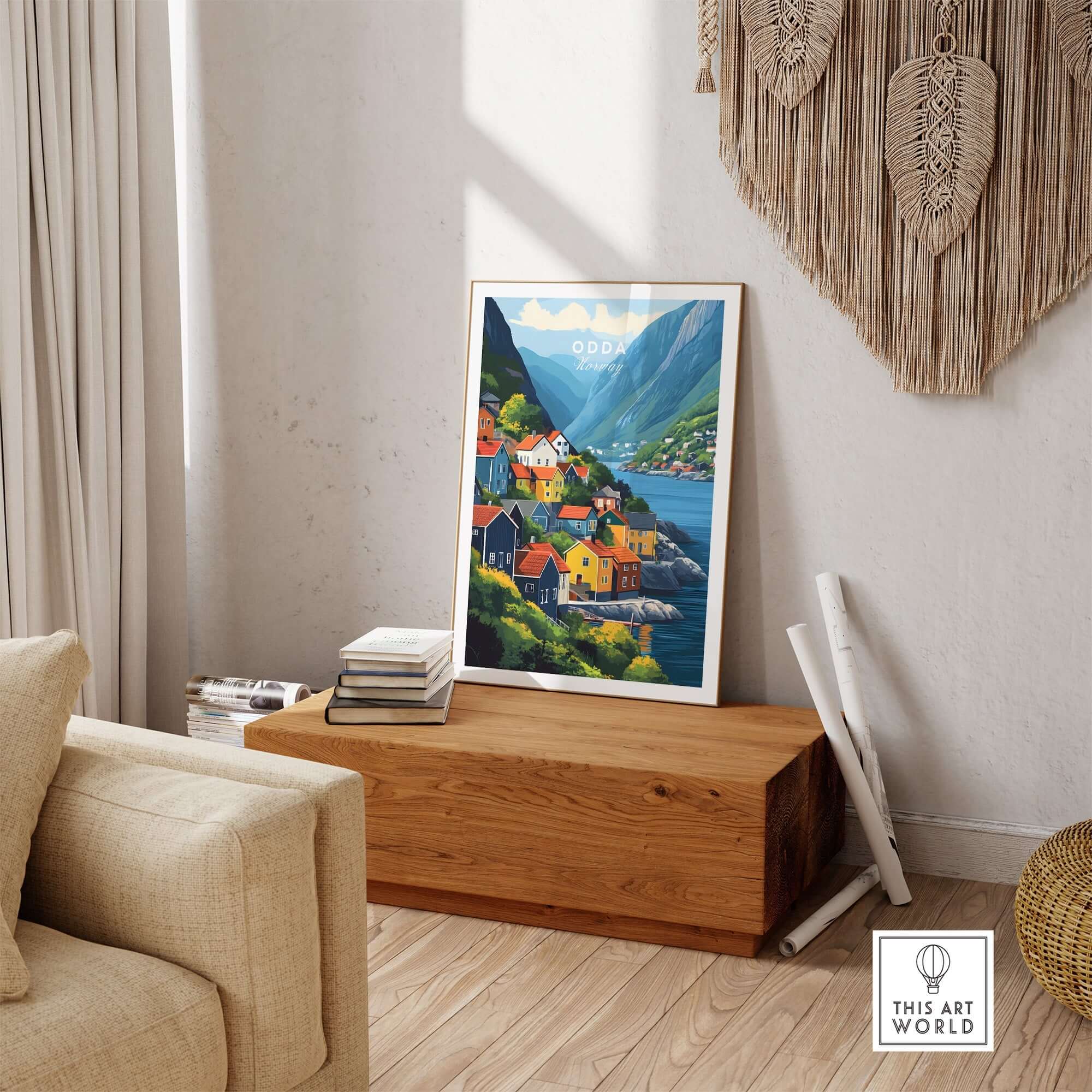 Odda Print Norway showcasing vibrant houses and stunning landscapes of Norway, perfect for home decor.