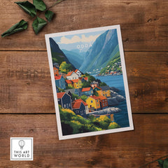 Odda Print Norway showing colorful houses and stunning landscape of Odda, Norway, perfect for wall art decor.