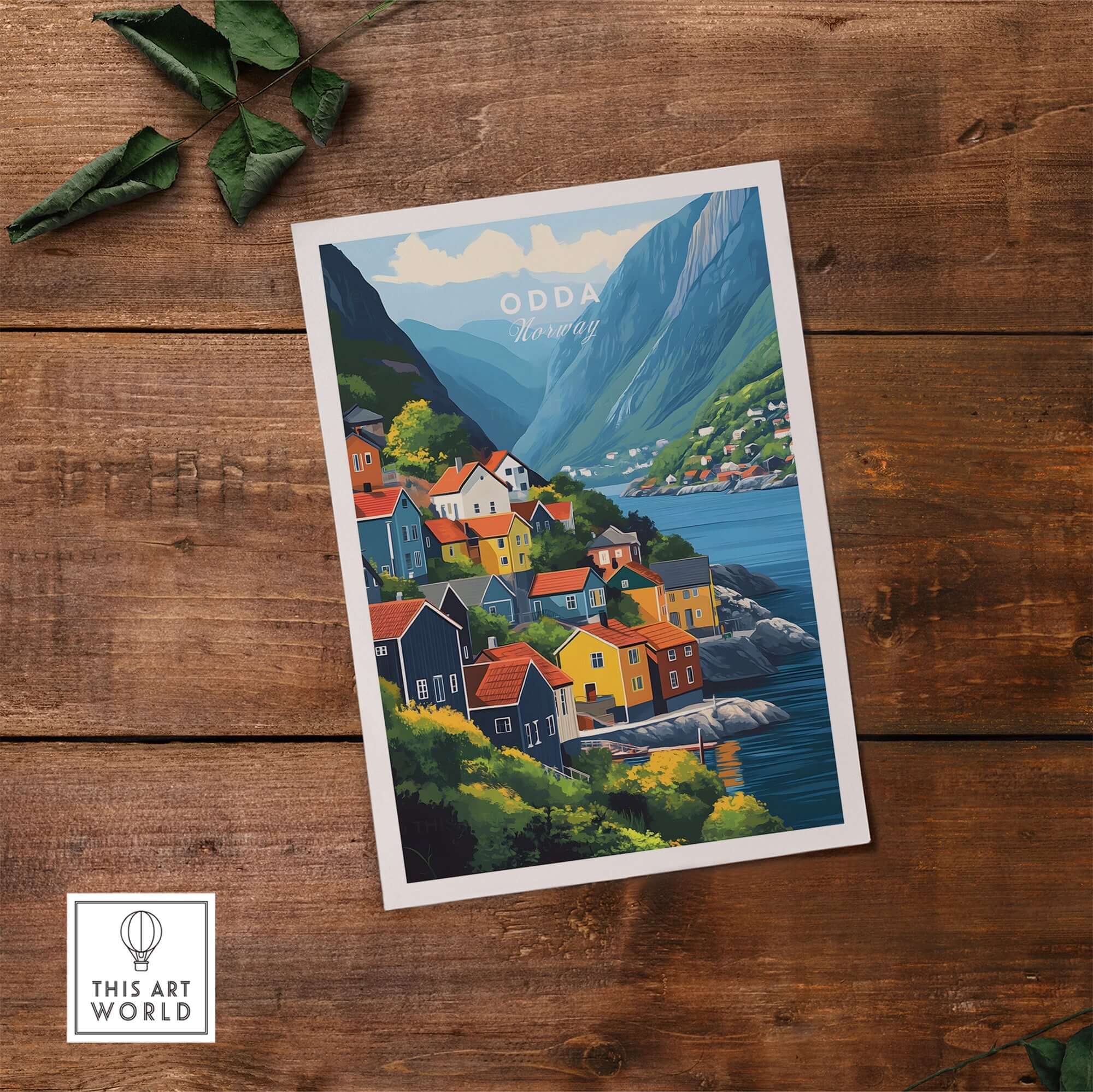 Odda Print Norway showing colorful houses and stunning landscape of Odda, Norway, perfect for wall art decor.