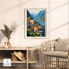 Odda Print Norway showcasing framed print of colorful Norwegian village with mountains and lake, perfect for home decor.