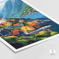 Odda Print Norway showcasing vibrant village houses near the water against a stunning natural backdrop.