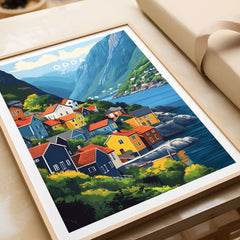 Odda Print Norway showcasing beautiful colorful houses and stunning landscapes of Odda, Norway in a framed wall art.