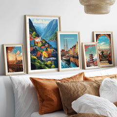 Odda Print Norway wall art displayed in stylish frames on a cozy sofa, showcasing Norway's beauty.