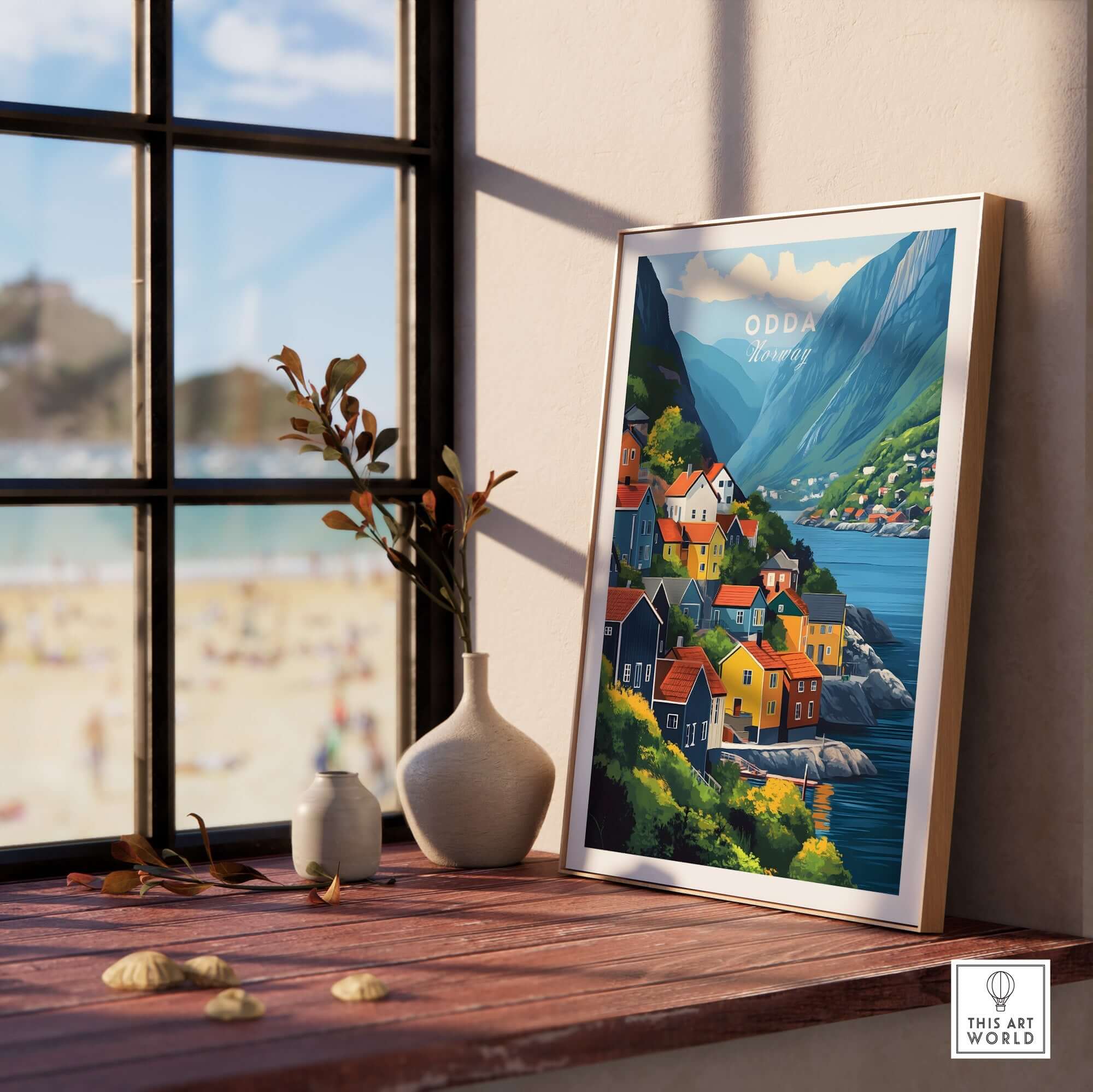Odda Print Norway displayed in a stylish interior, showcasing vibrant colors and stunning landscape of Norway.