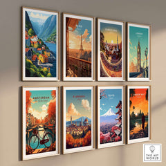Collection of vibrant travel prints including Odda Print Norway showcasing landscapes and cityscapes from around the world.
