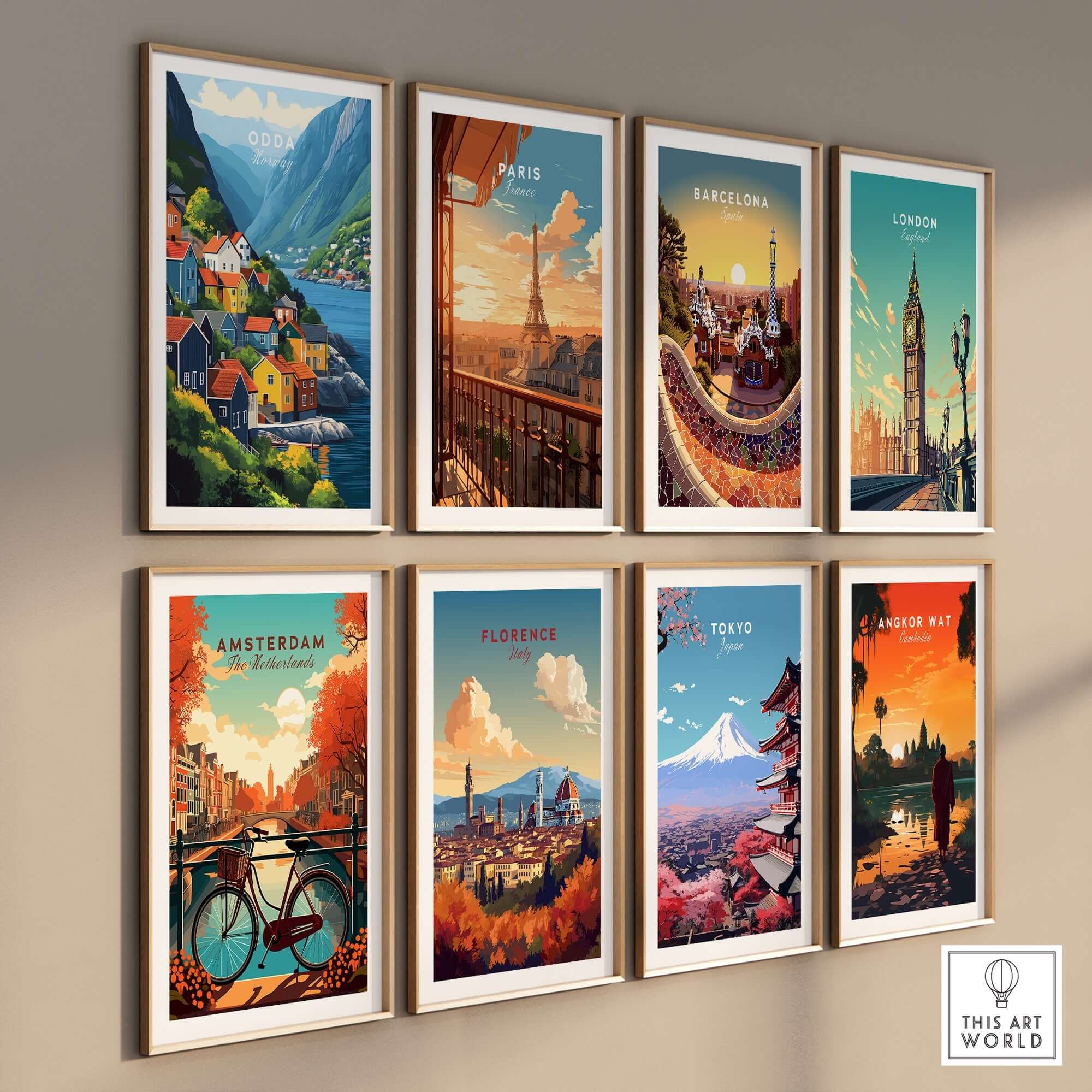 Collection of vibrant travel prints including Odda Print Norway showcasing landscapes and cityscapes from around the world.