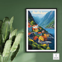 Odda Print Norway wall art featuring colorful houses in a stunning Norwegian landscape.