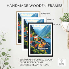 Handmade wooden frames in natural, white, and black showcasing Odda Print Norway wall art, perfect for home decor.
