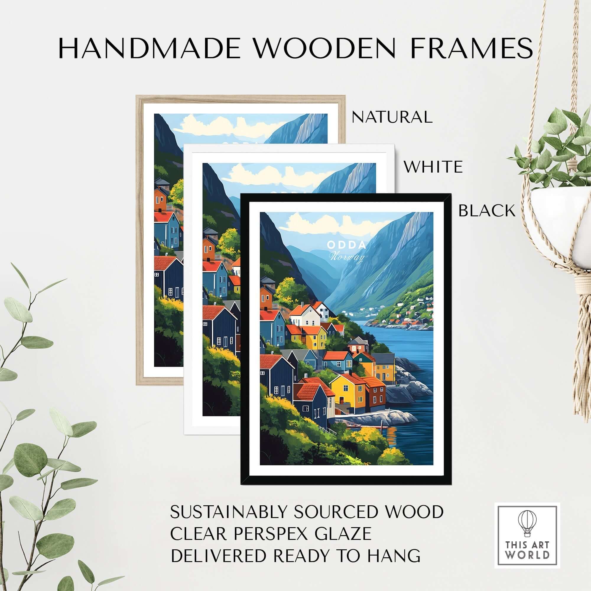 Handmade wooden frames in natural, white, and black showcasing Odda Print Norway wall art, perfect for home decor.