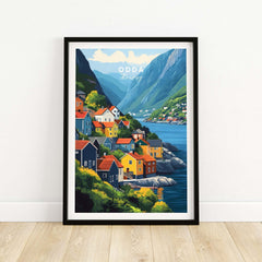 Odda Print Norway featuring colorful houses and stunning landscape of Odda, Norway, perfect for wall decor.