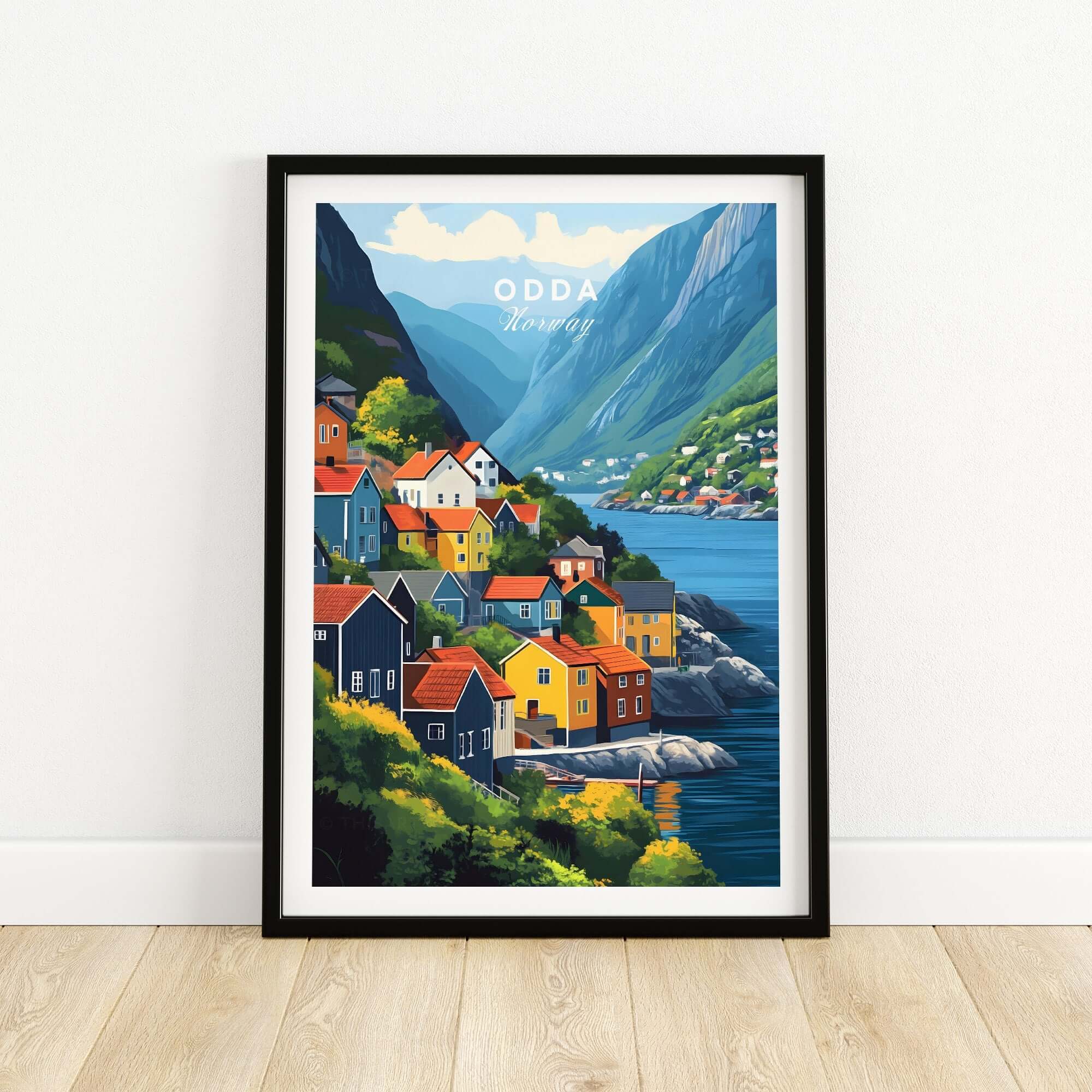 Odda Print Norway featuring colorful houses and stunning landscape of Odda, Norway, perfect for wall decor.