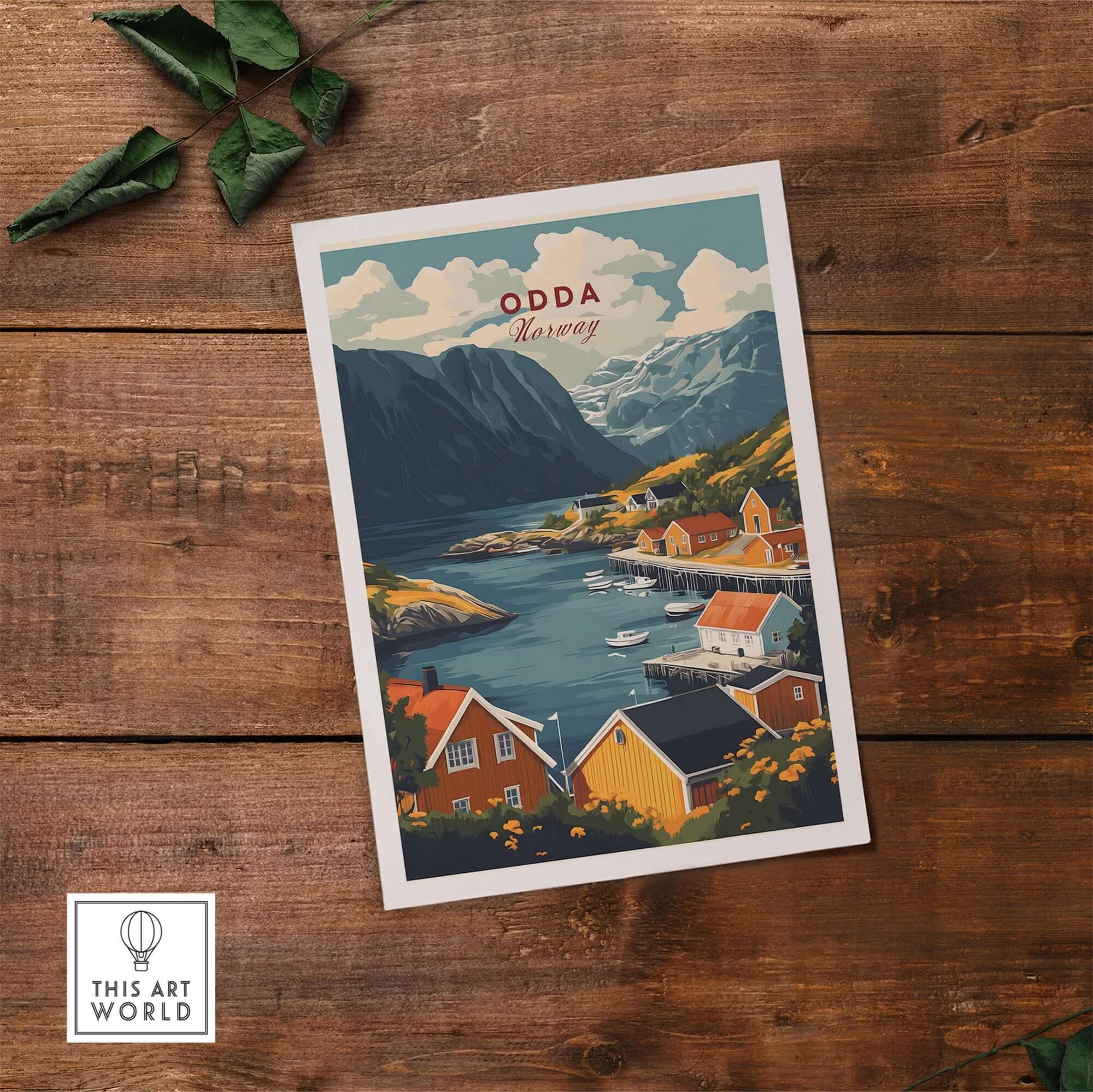 Odda Travel Poster showcasing a beautiful Norwegian landscape with charming houses by the fjord.