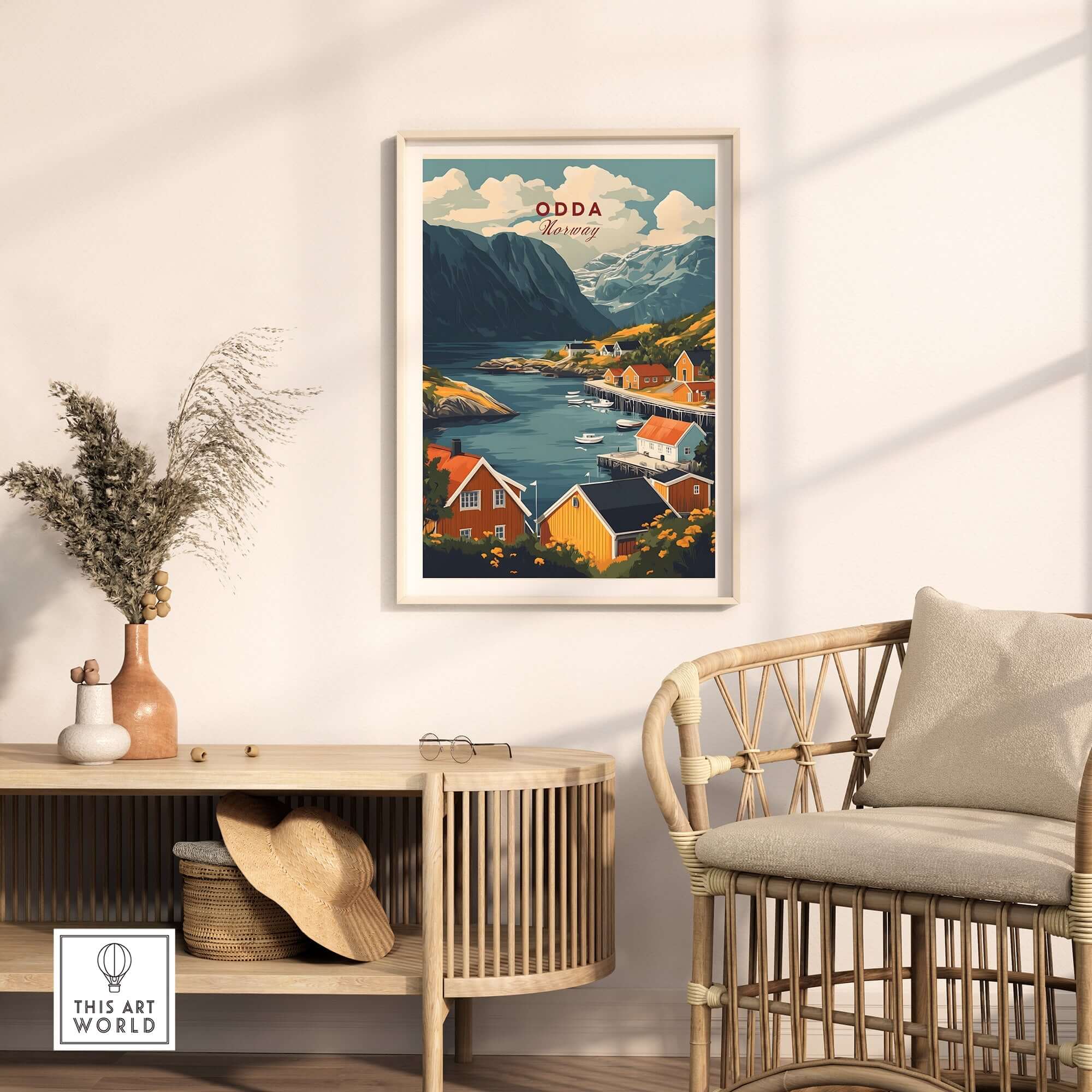Odda Travel Poster showcasing Norway's beautiful landscape in a stylish home decor setting.