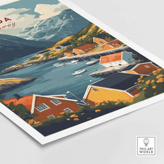 Odda Travel Poster showcasing colorful houses by a tranquil fjord in Norway, perfect for home decor.