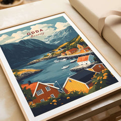 Odda Travel Poster showcasing the stunning landscape of Odda, Norway with vibrant houses and serene water.