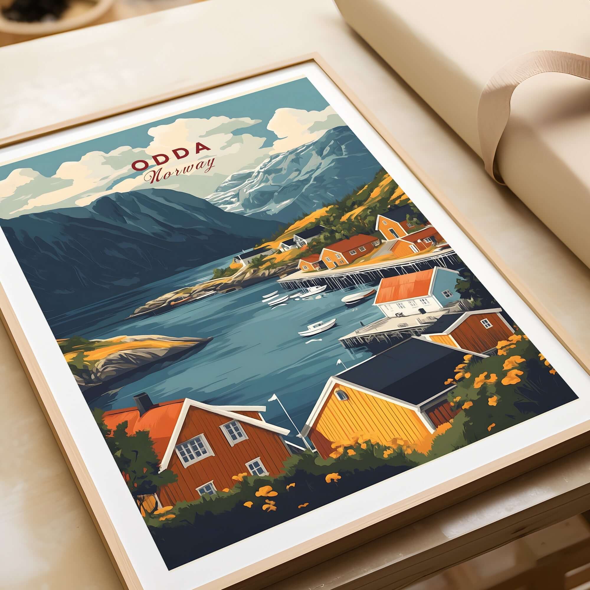 Odda Travel Poster showcasing the stunning landscape of Odda, Norway with vibrant houses and serene water.