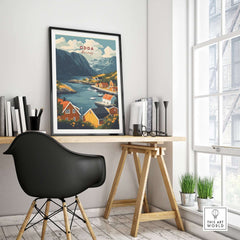 Odda Travel Poster displayed in a modern workspace, showcasing Norway's stunning landscape and vibrant colors.