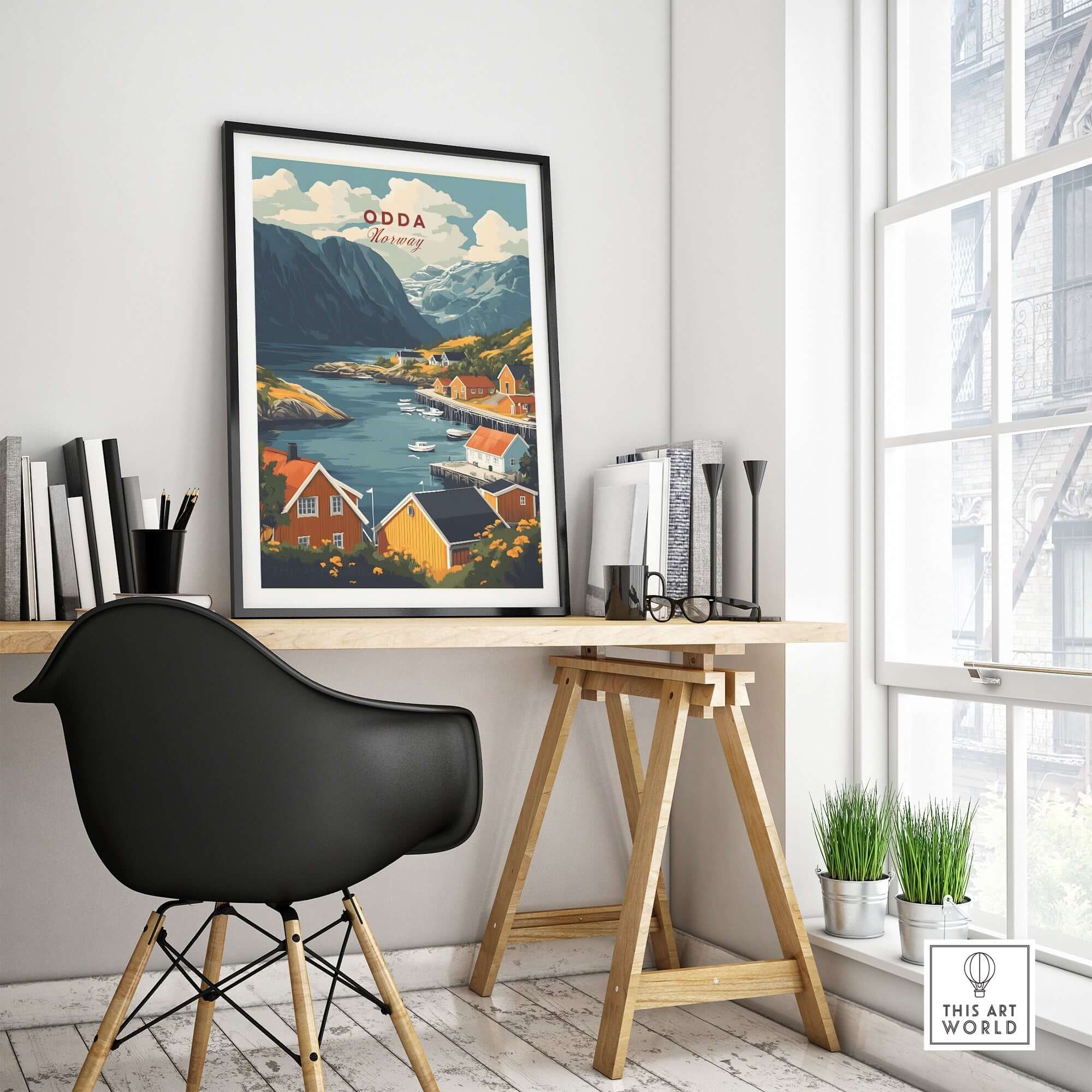 Odda Travel Poster displayed in a modern workspace, showcasing Norway's stunning landscape and vibrant colors.