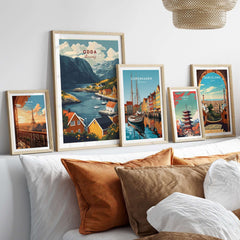 Odda Travel Poster collection showcasing stunning landscapes of Norway and other travel destinations in stylish frames.