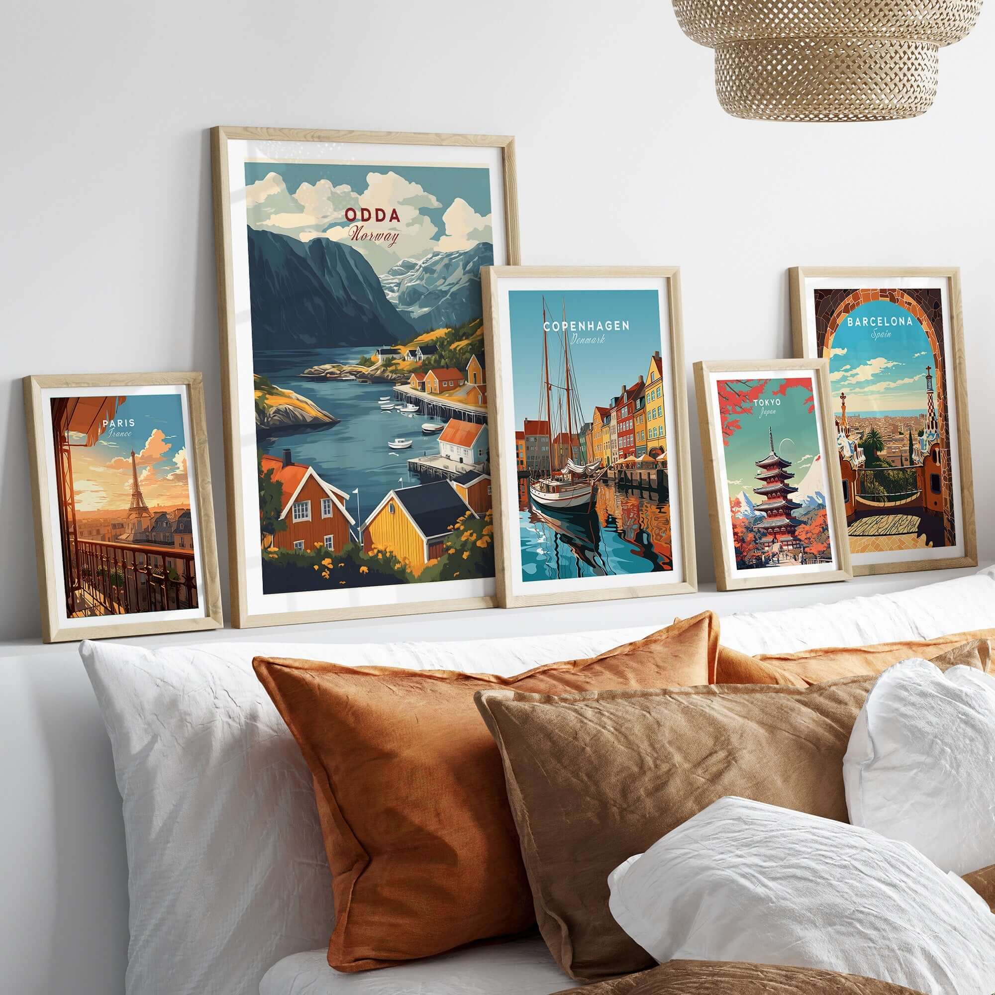 Odda Travel Poster collection showcasing stunning landscapes of Norway and other travel destinations in stylish frames.