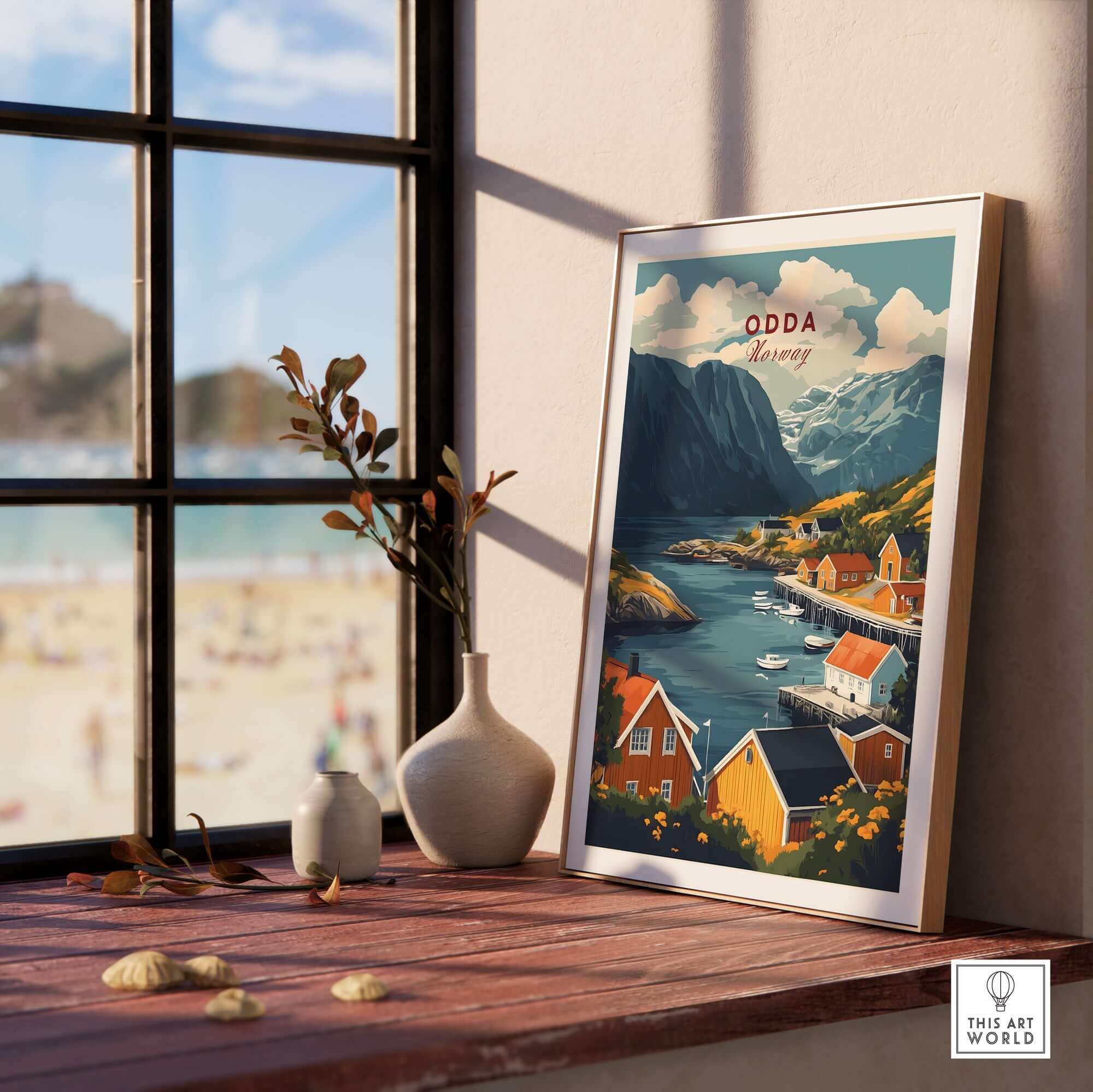 Odda Travel Poster showcasing the stunning landscape of Norway, perfect for home or office decor.