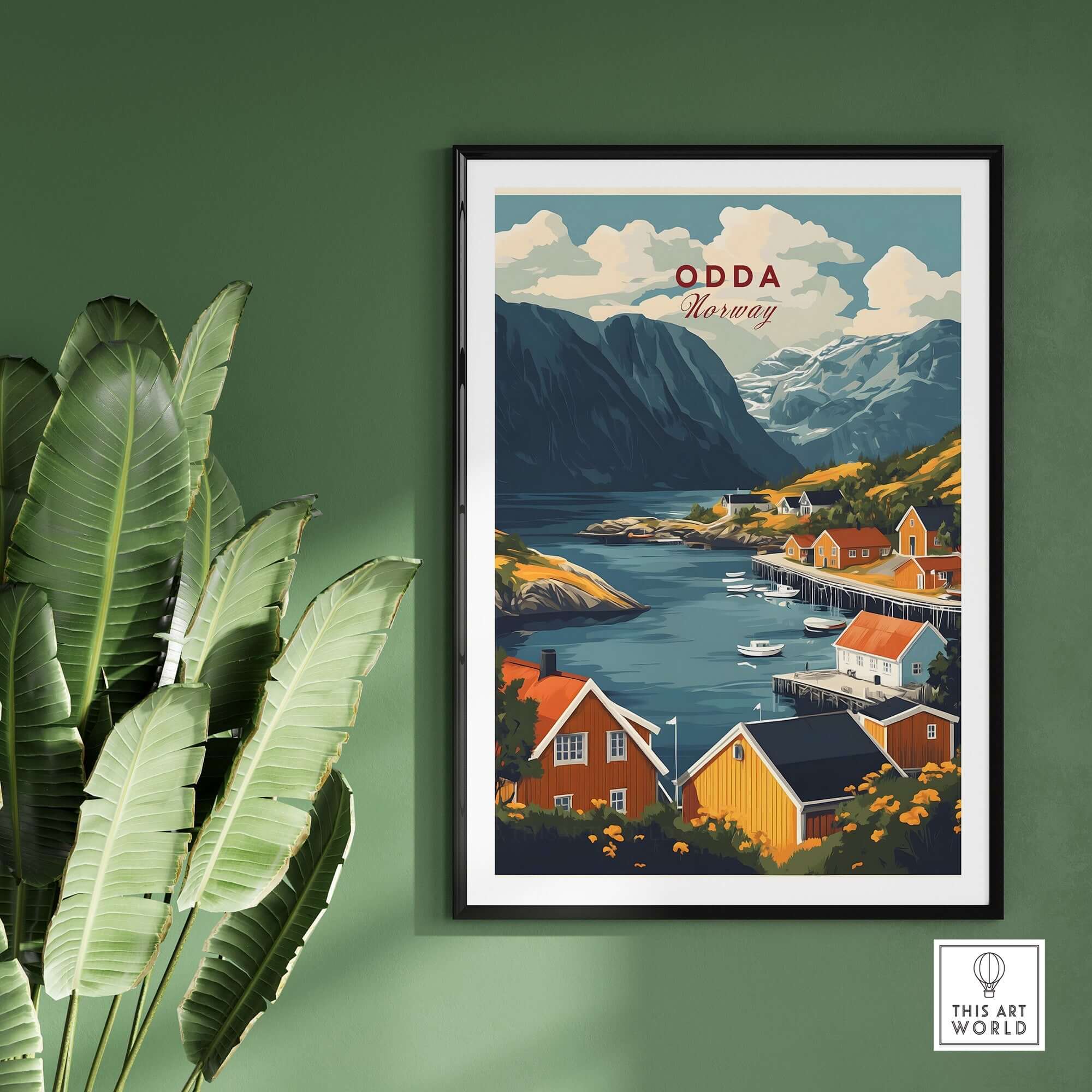 Odda Travel Poster capturing the stunning landscape of Odda, Norway with colorful houses and mountains.
