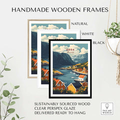 Handmade wooden frames for Odda Travel Poster in natural, white, and black finishes, sustainably sourced wood.