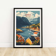 Odda Travel Poster showcasing the beautiful landscape of Norway with vibrant houses and scenic fjords.