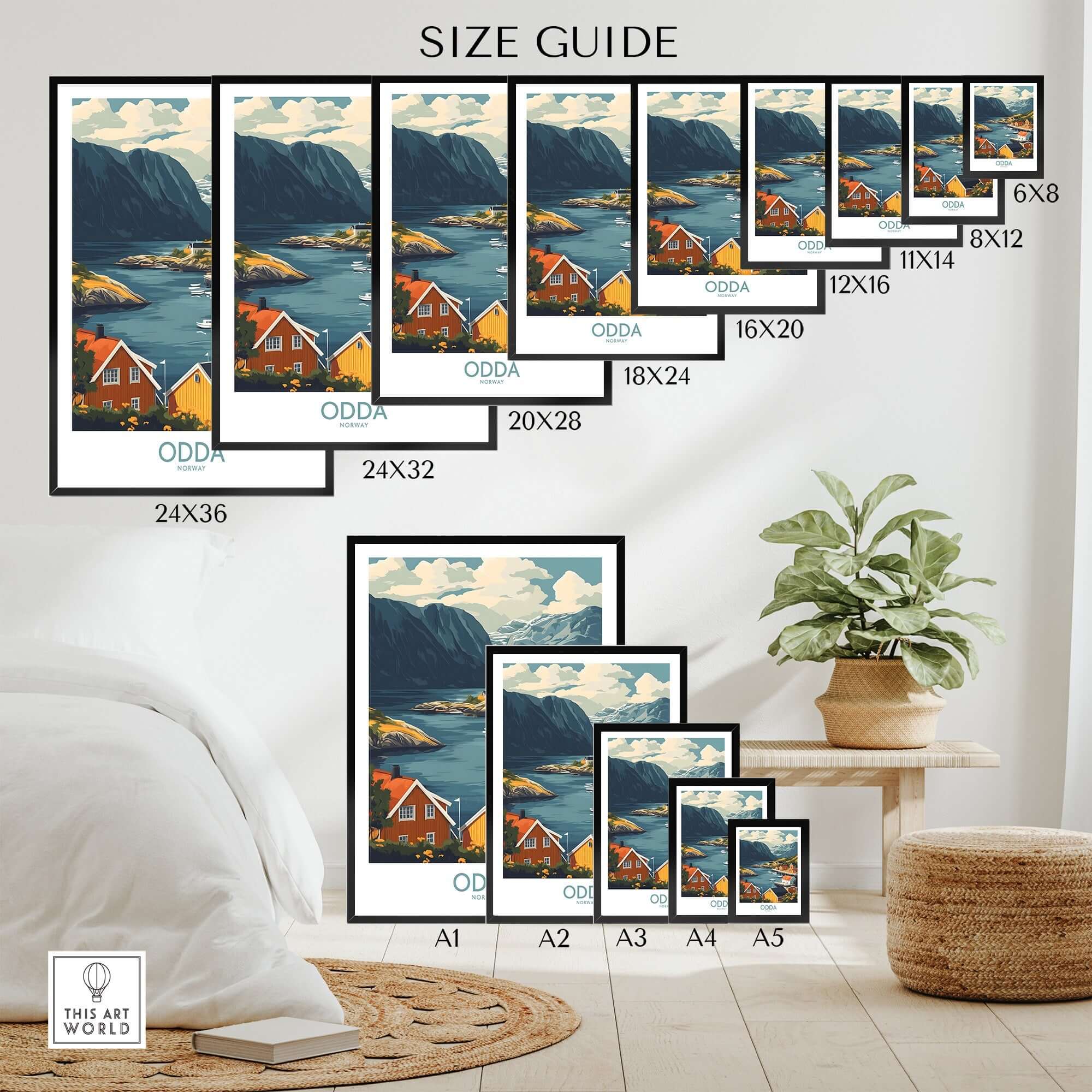 Size guide for Odda Travel Print featuring various dimensions next to a beautifully decorated living space.