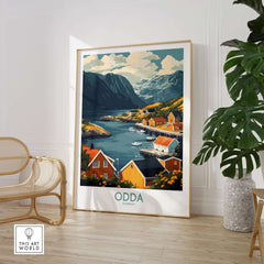 Odda Travel Print featuring picturesque Norway landscape in a stylish home setting, showcasing travel-inspired wall art.