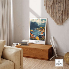 Odda Travel Print showcasing colorful Norway landscape art in modern living room decor.