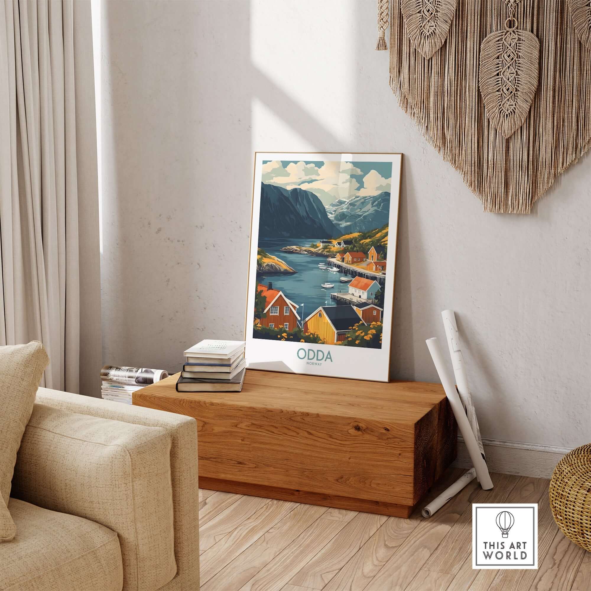 Odda Travel Print showcasing colorful Norway landscape art in modern living room decor.