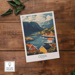 Odda Travel Print featuring a scenic view of Norway's landscapes, perfect for showcasing your love for travel.