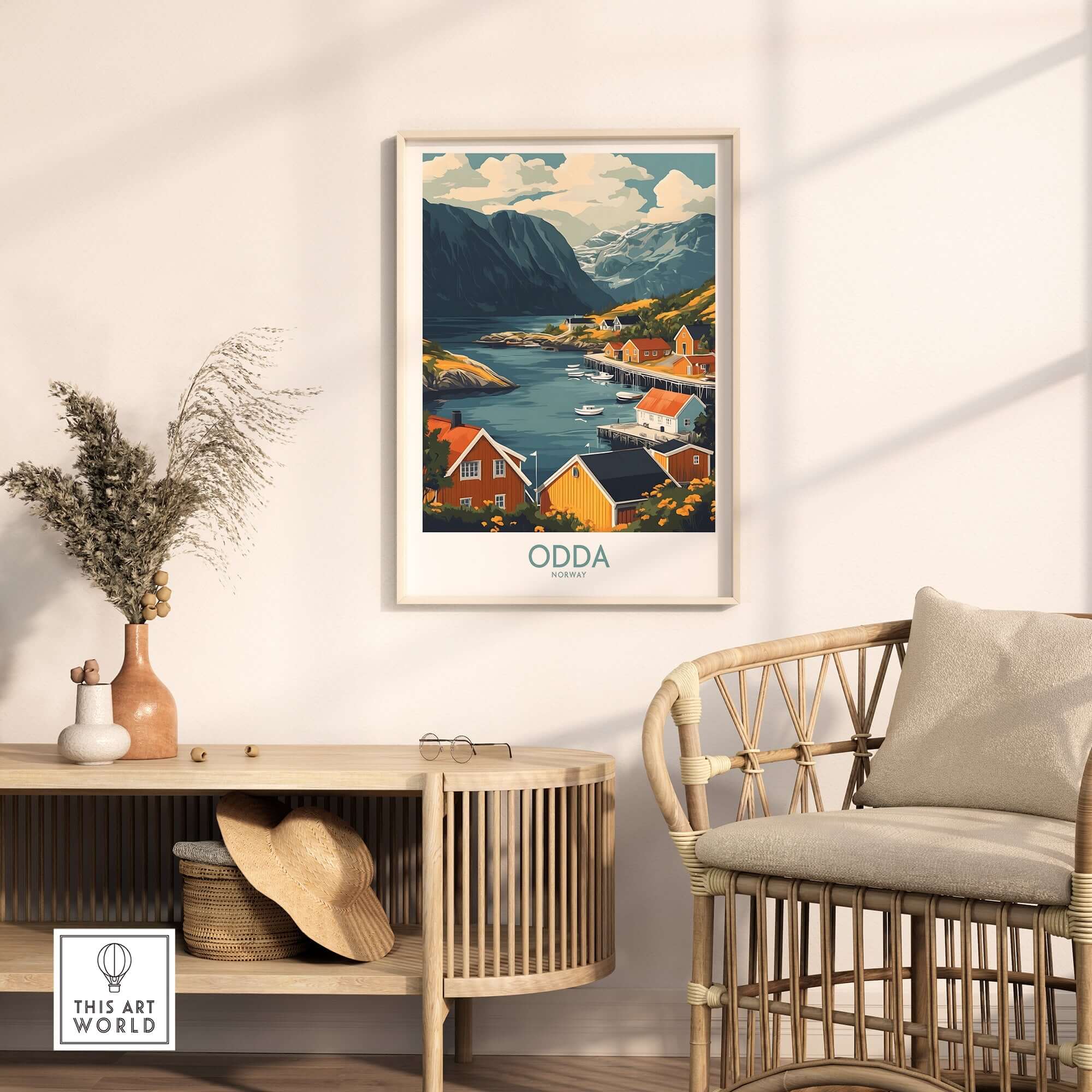 Odda Travel Print featuring a scenic view of Norway, bringing wanderlust and adventure home.