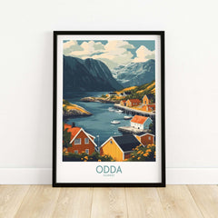 Odda Travel Print showcasing a scenic view of Norway with colorful houses and mountains, perfect for travel enthusiasts.