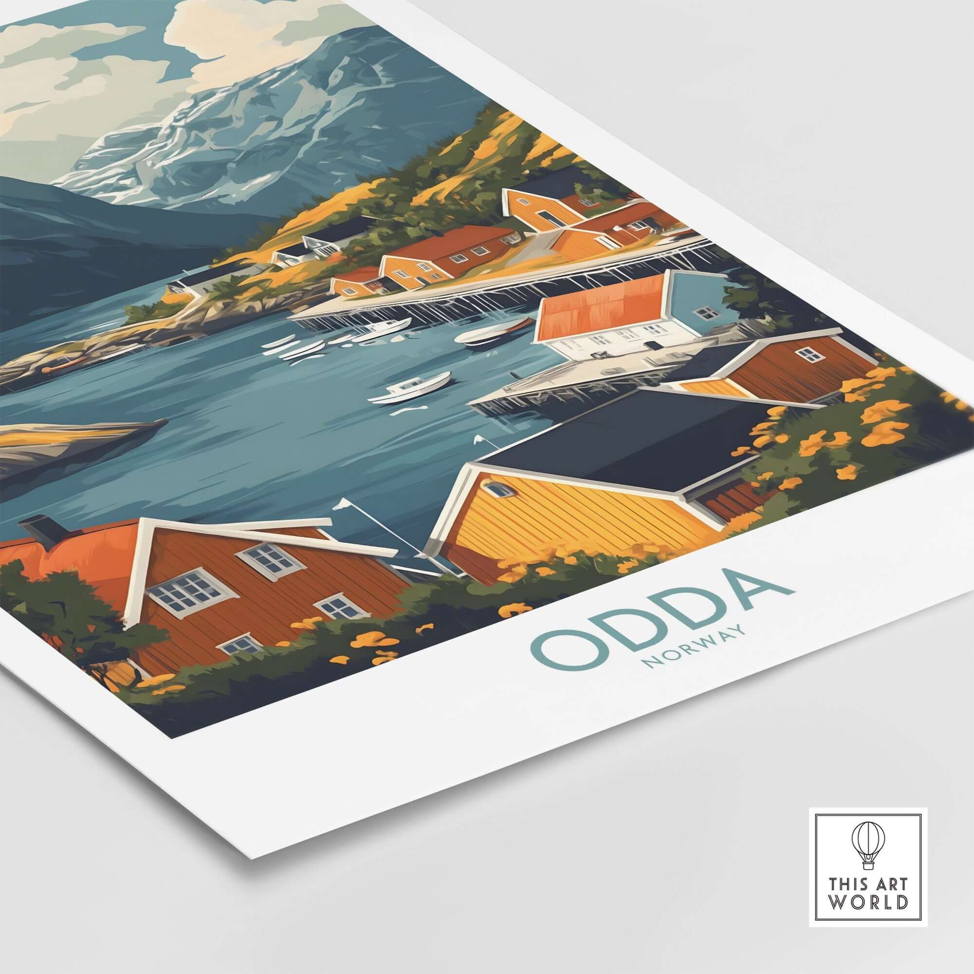 Odda Travel Print showcasing a picturesque Norwegian landscape with colorful houses and water.