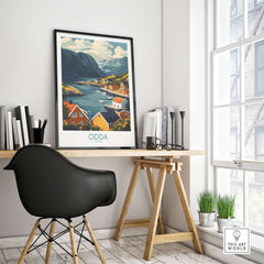 Odda Travel Print displayed in a stylish workspace, showcasing Norway's stunning landscapes and vibrant colors.