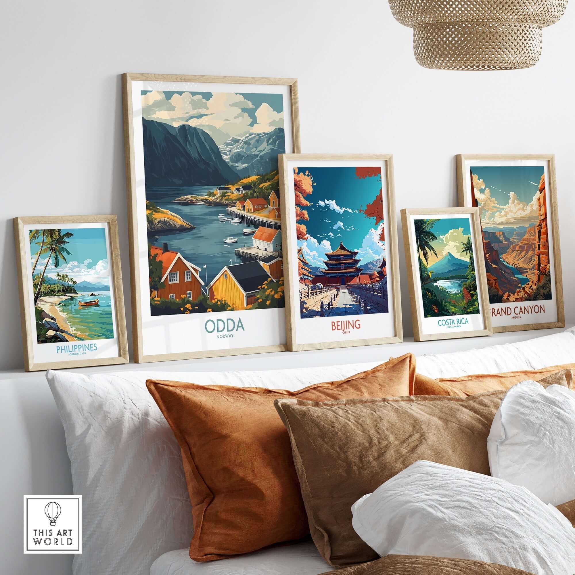 Odda Travel Print showcased among other travel prints on a stylish shelf, highlighting wanderlust and adventure.