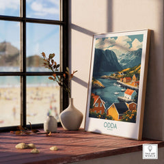 Odda Travel Print featuring scenic mountains and colorful houses in Norway showcasing wanderlust decor.