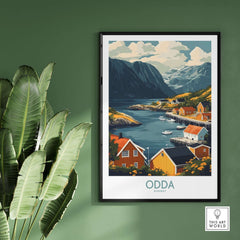 Odda Travel Print featuring scenic Norway landscape with mountains and colorful houses.
