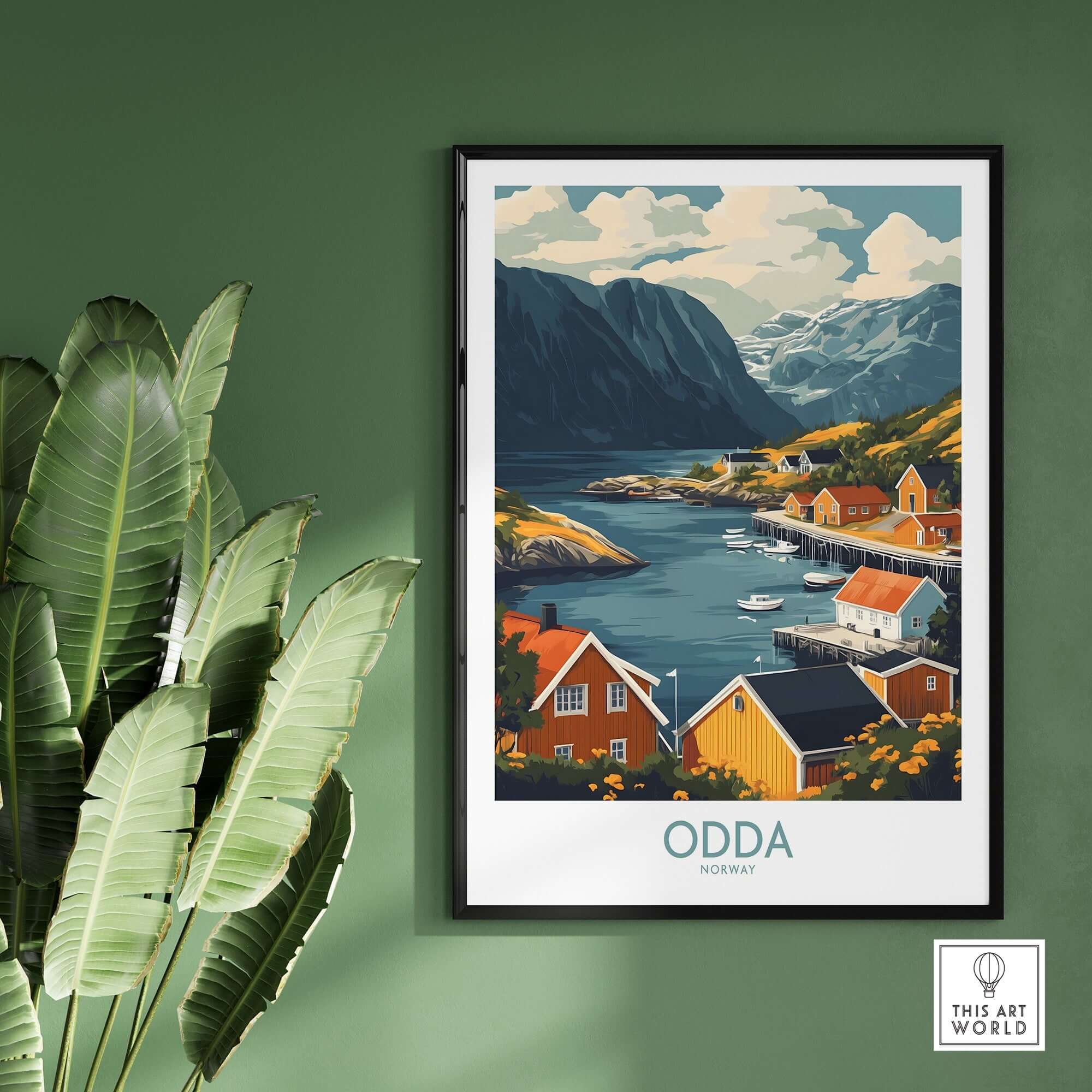 Odda Travel Print featuring scenic Norway landscape with mountains and colorful houses.